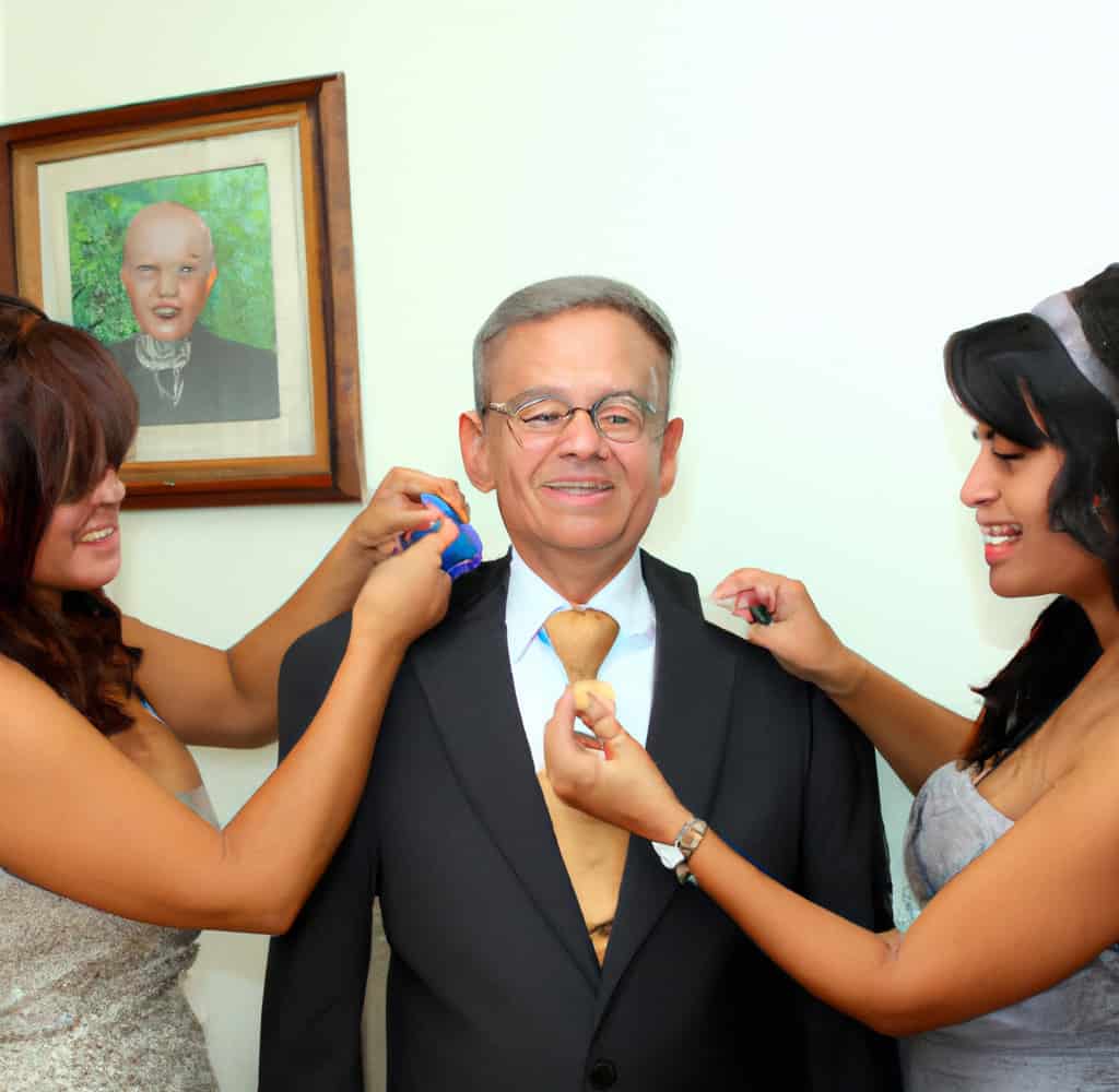 Father getting ready with wife and daughter